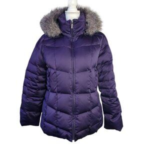 Calvin Klein Womens Down Puffer Coat L Purple Gray Faux Fur Trim Removable Hood